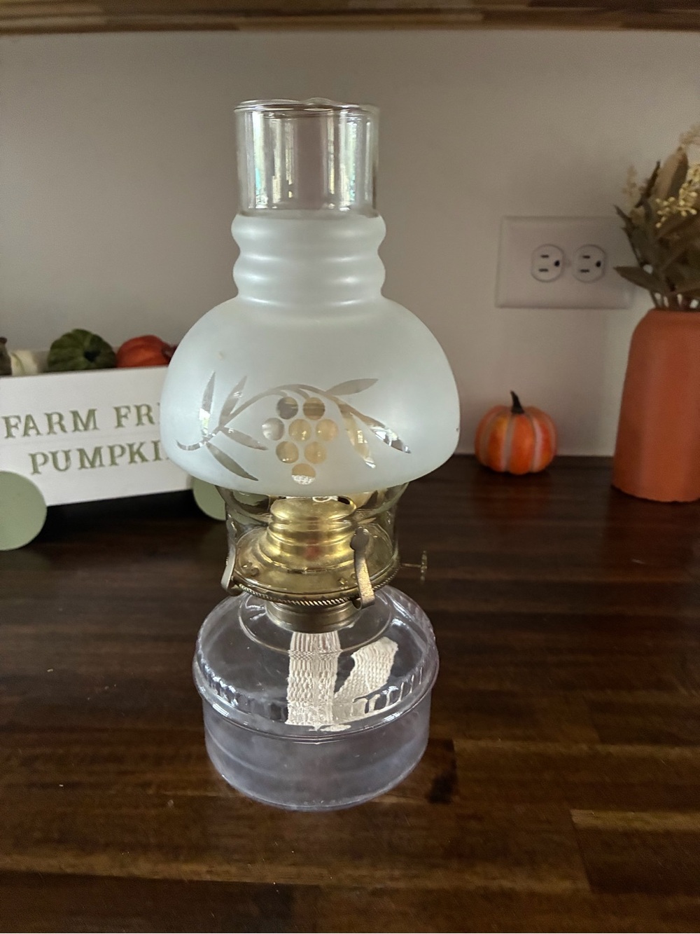 Never Used Frosted Glass Oil Lamp with Floral Motif - White